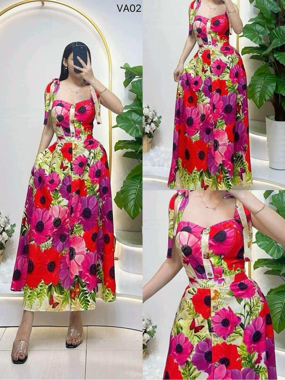 Floral Tie-Shoulder Midi Dress in Red & Pink
